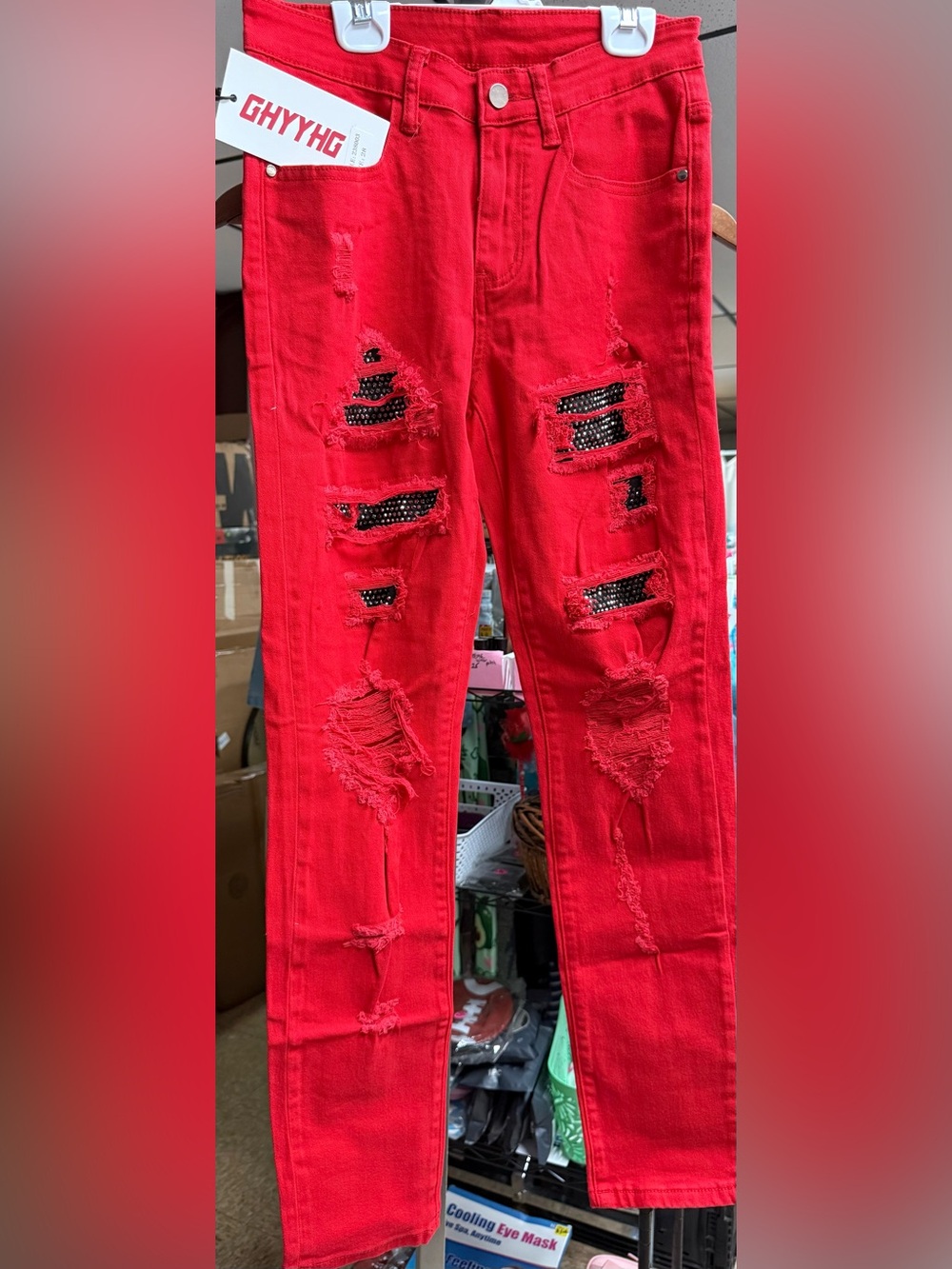 Slim Fit Red Distressed Men's Jeans with Rhinestone Insets